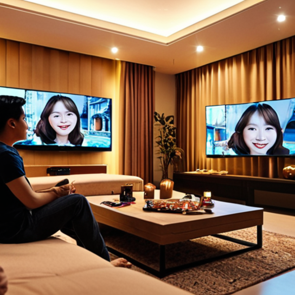 **Prompt 1 (Personalized Entertainment Palace):**
    A happy Malaysian individual comfortably seated in a modern, cozy living room. Multiple transparent, glowing screens float around them, each displaying different, appealing content: a vibrant K-drama scene, an action-packed Hollywood movie, and a rich, culturally significant Malaysian drama. Subtle light trails connect the screens to the user, symbolizing sophisticated AI-driven personalization and a sense of having a "personal entertainment palace." The scene is bathed in warm, inviting light, emphasizing personalized abundance and relaxed enjoyment. Cinematic, wide shot.