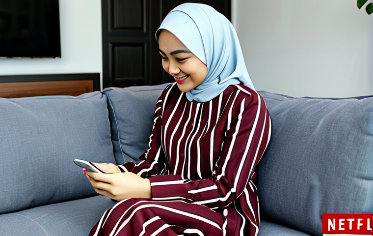 **

"A young woman in a modest hijab and baju kurung, smiling and using a smartphone to browse a streaming app. She is sitting comfortably on a couch in a modern living room with Malaysian decor. 'Netflix' or a similar OTT platform logo subtly visible on the phone screen. Safe for work, appropriate content, fully clothed, modest attire, family-friendly, perfect anatomy, correct proportions, natural pose, high-resolution, professional digital art."

**