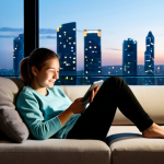 **

"A young woman comfortably relaxing on a sofa in a modern living room, fully clothed in a modest casual outfit, using a tablet to stream a movie. The room has a large window with a cityscape view at night. Soft, warm lighting, creating a cozy and inviting atmosphere. safe for work, appropriate content, professional, well-formed hands, natural body proportions, perfect anatomy, high-resolution, family-friendly."

**