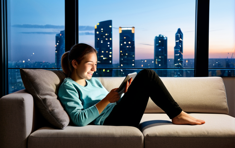 **

"A young woman comfortably relaxing on a sofa in a modern living room, fully clothed in a modest casual outfit, using a tablet to stream a movie. The room has a large window with a cityscape view at night. Soft, warm lighting, creating a cozy and inviting atmosphere. safe for work, appropriate content, professional, well-formed hands, natural body proportions, perfect anatomy, high-resolution, family-friendly."

**