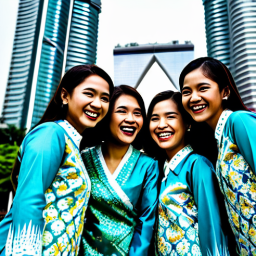 OTT와 게임화 요소 - **Image:** A group of Malaysian friends, fully clothed in baju kurung and batik shirts, laughing and...