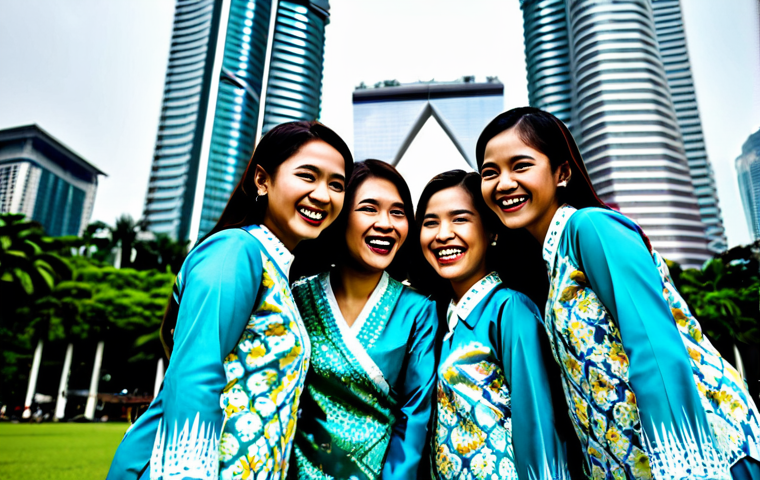 OTT와 게임화 요소 - **Image:** A group of Malaysian friends, fully clothed in baju kurung and batik shirts, laughing and...